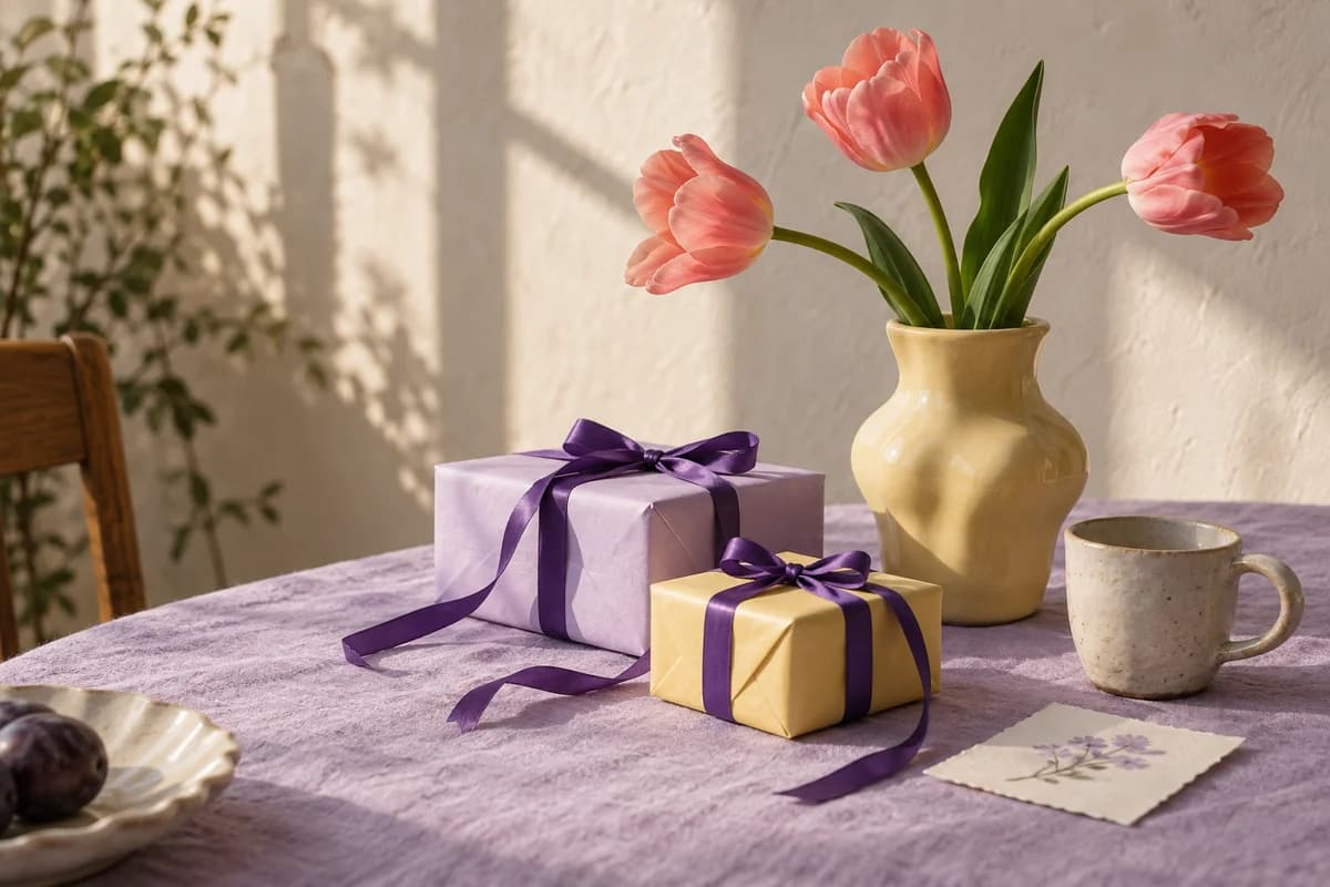 Gifts tied with violet ribbon, coral tulips and a handmade cup on a sunlit table